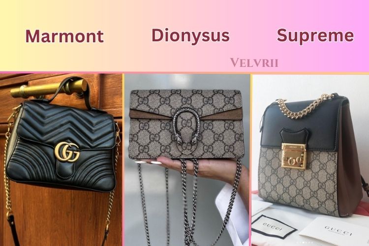 3 different Gucci handbags name Marmont, Dionysus, and Supreme