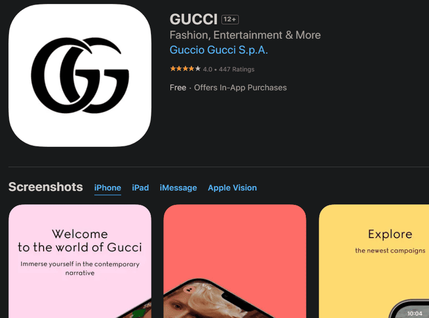Gucci app on an app store