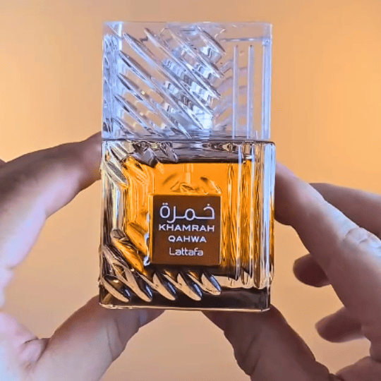 close-up view of the Lattafa Khamrah Qahwa perfume bottle
